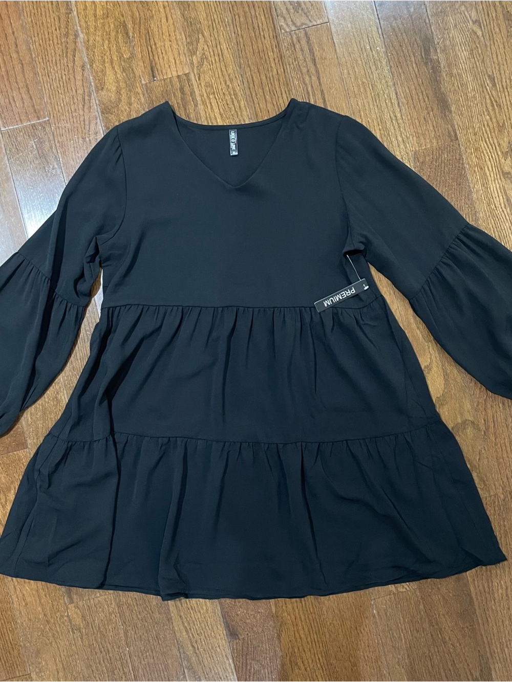 Black Tiered Mini Dress with Balloon Sleeves